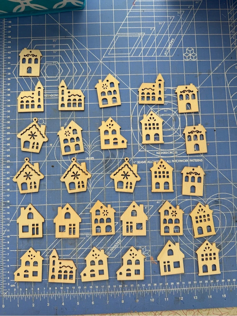 Wooden Mini House ornaments- Natural Light Wood 28 pieces
